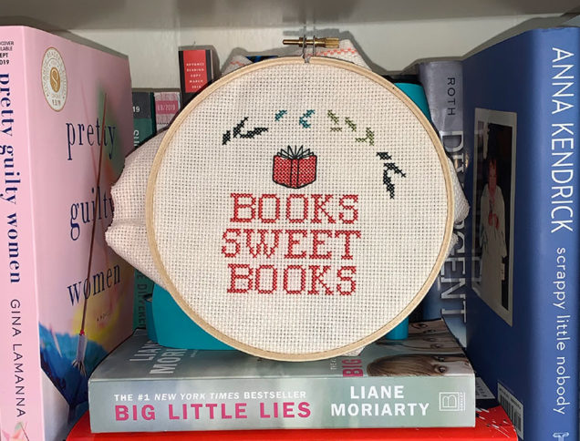 Bookish cross stitch on book shelves